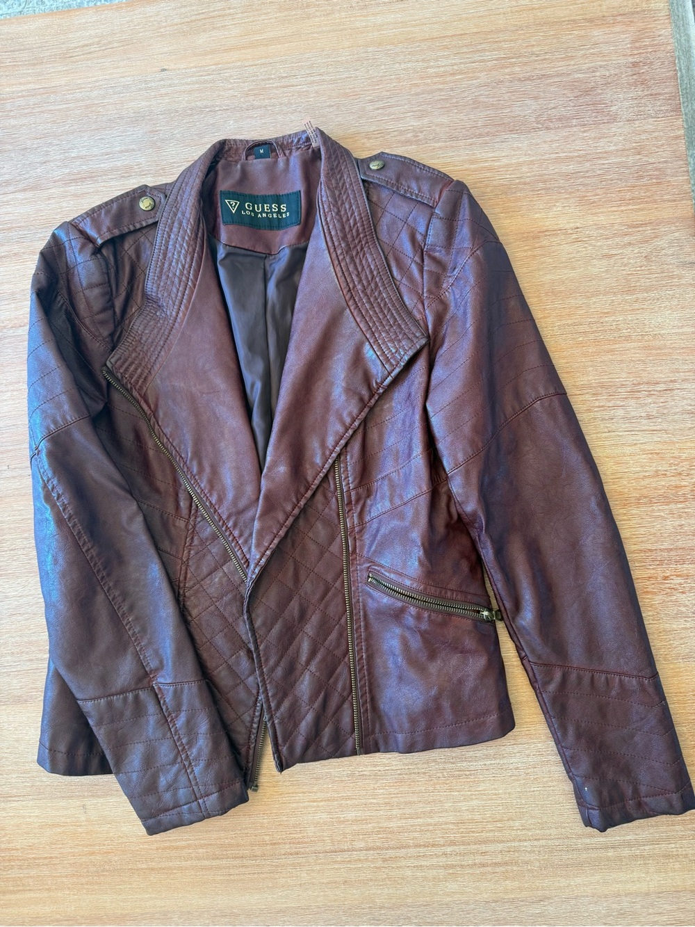 GUESS Women’s Burgundy Quilted Faux Leather Moto Jacket